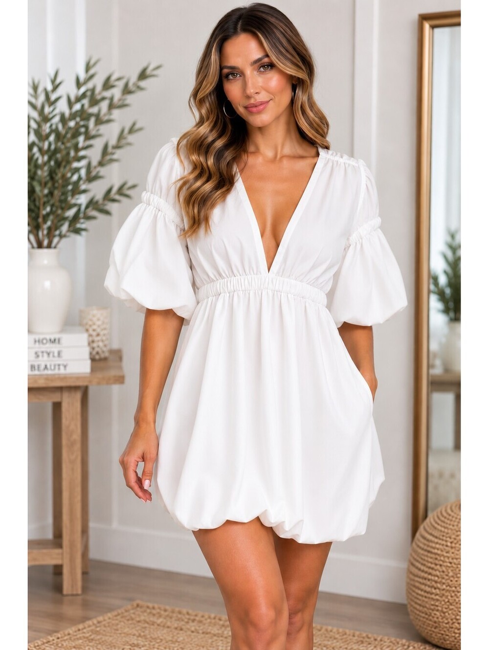Women’s White Puff Sleeve V-Neck Bubble Hem Mini Dress